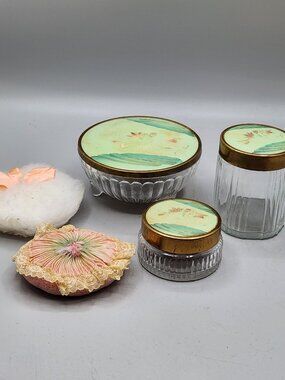 Antique 3 Jar Dresser Vanity Set Celluloid Green Floral 2 Powder Puffs
